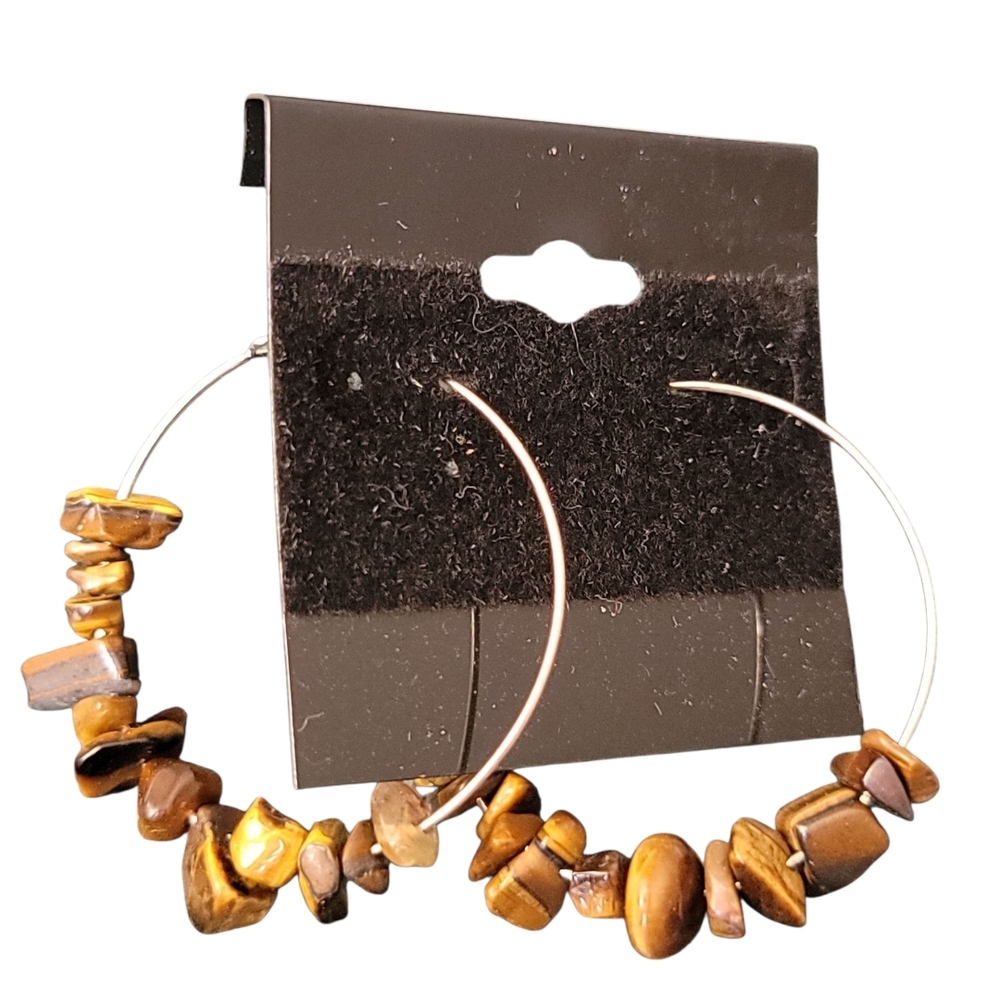 Tigers Eye Bohemian Natural Stone Chips Beaded Hoop Earrings Women Colorful
